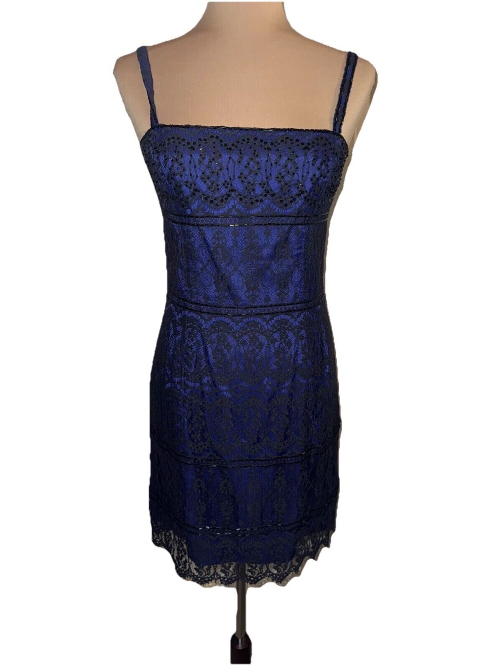 Y2K Cache Silk/Lace Beaded Dress Sz 4 Black Lace Blue Lining Gold Label